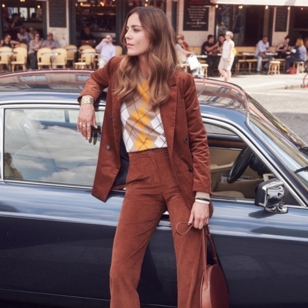 Sezane Rust Brown Corduroy Double-Breasted Blazer